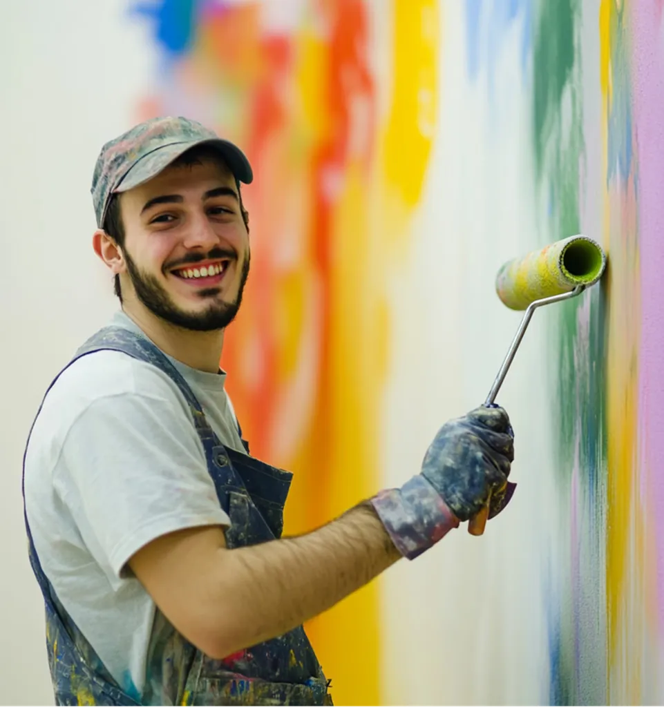 Painter in a cap rolling paint over a wall with bright color streaks