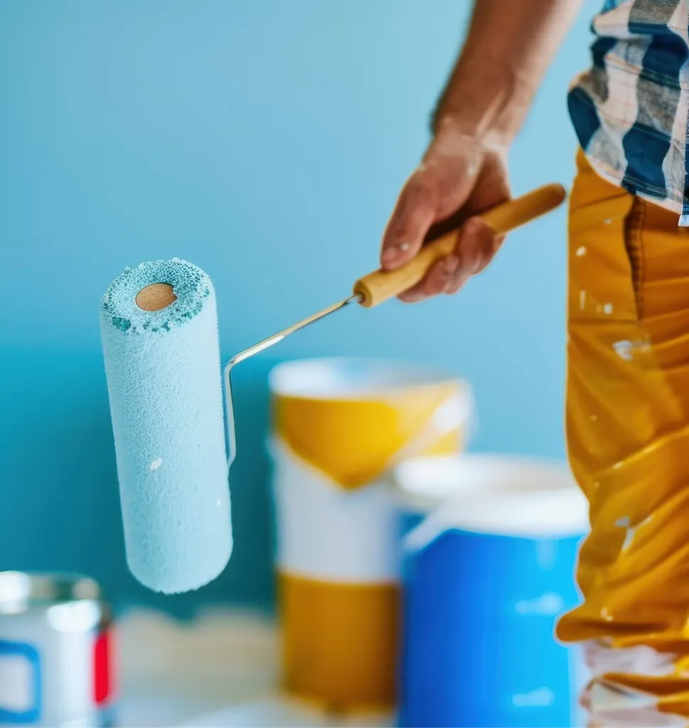 Painter holding a light blue roller over open paint cans