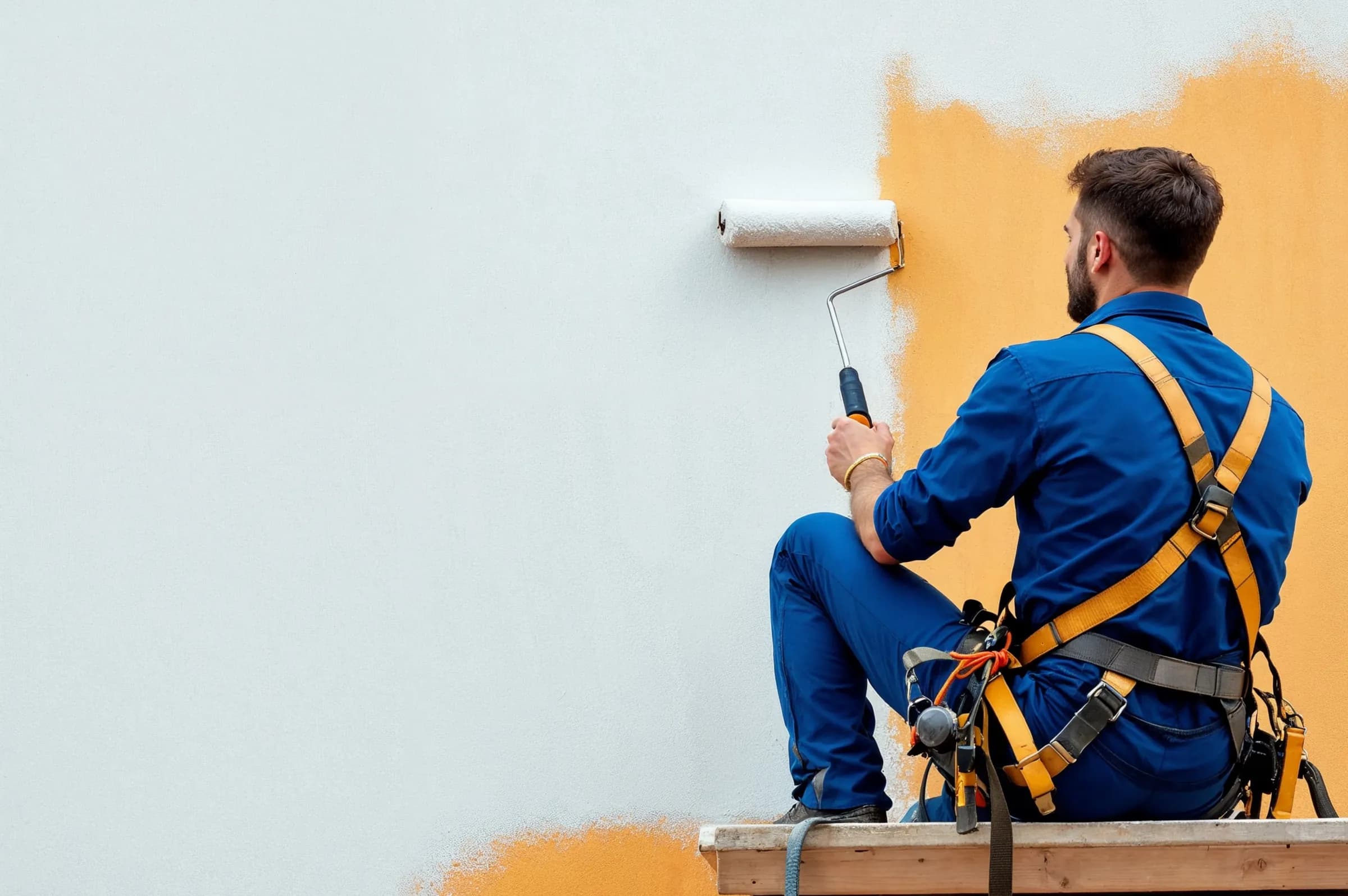 Painter in blue overalls seated on a plank, rolling white paint over an orange wall