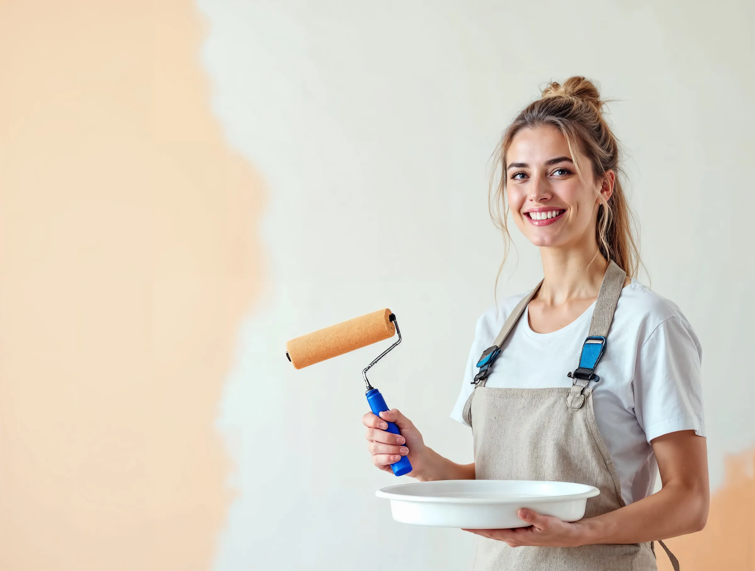 Painter in a canvas apron holding a paint roller beside a half-painted peach wall