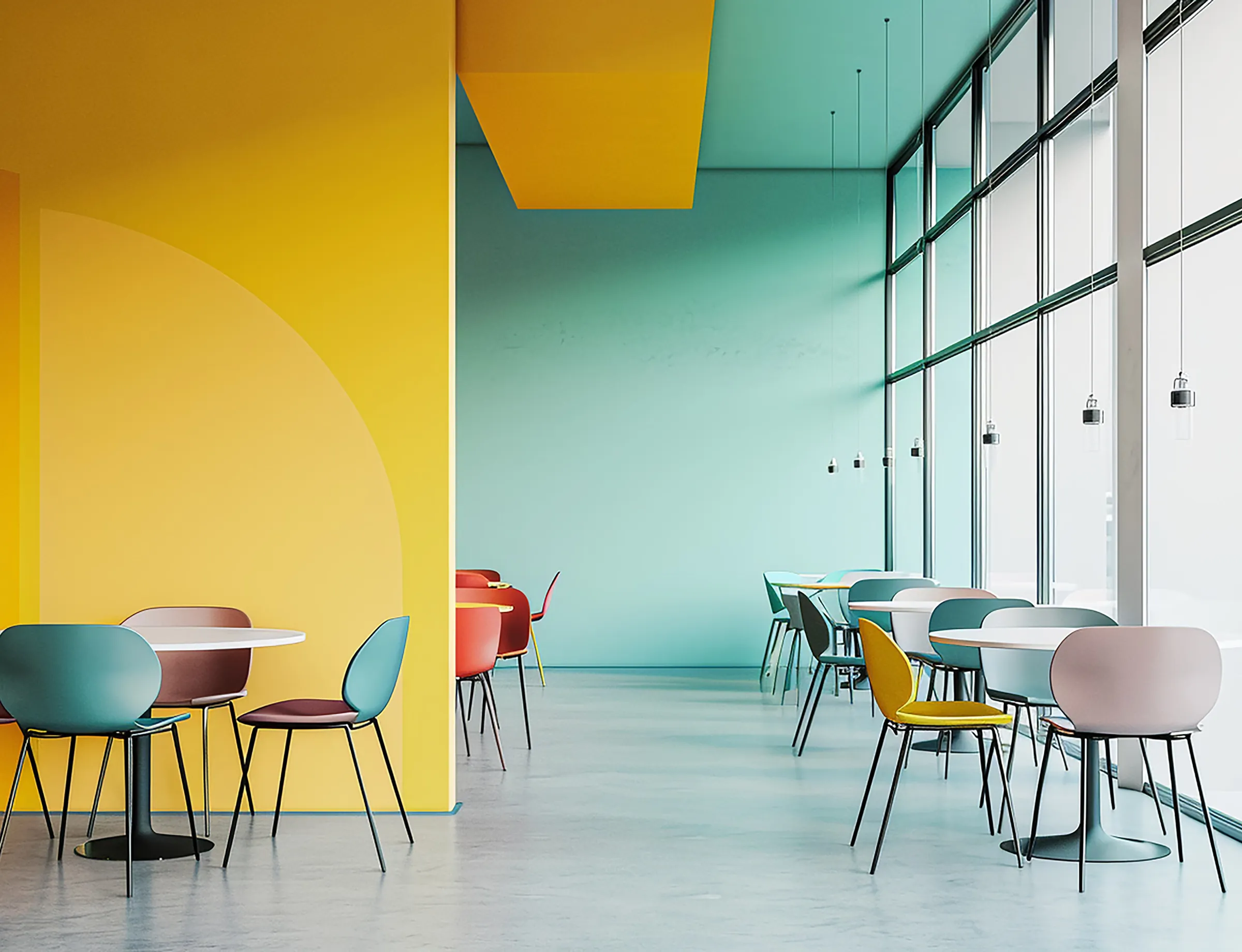 After: open space with yellow and mint painted walls