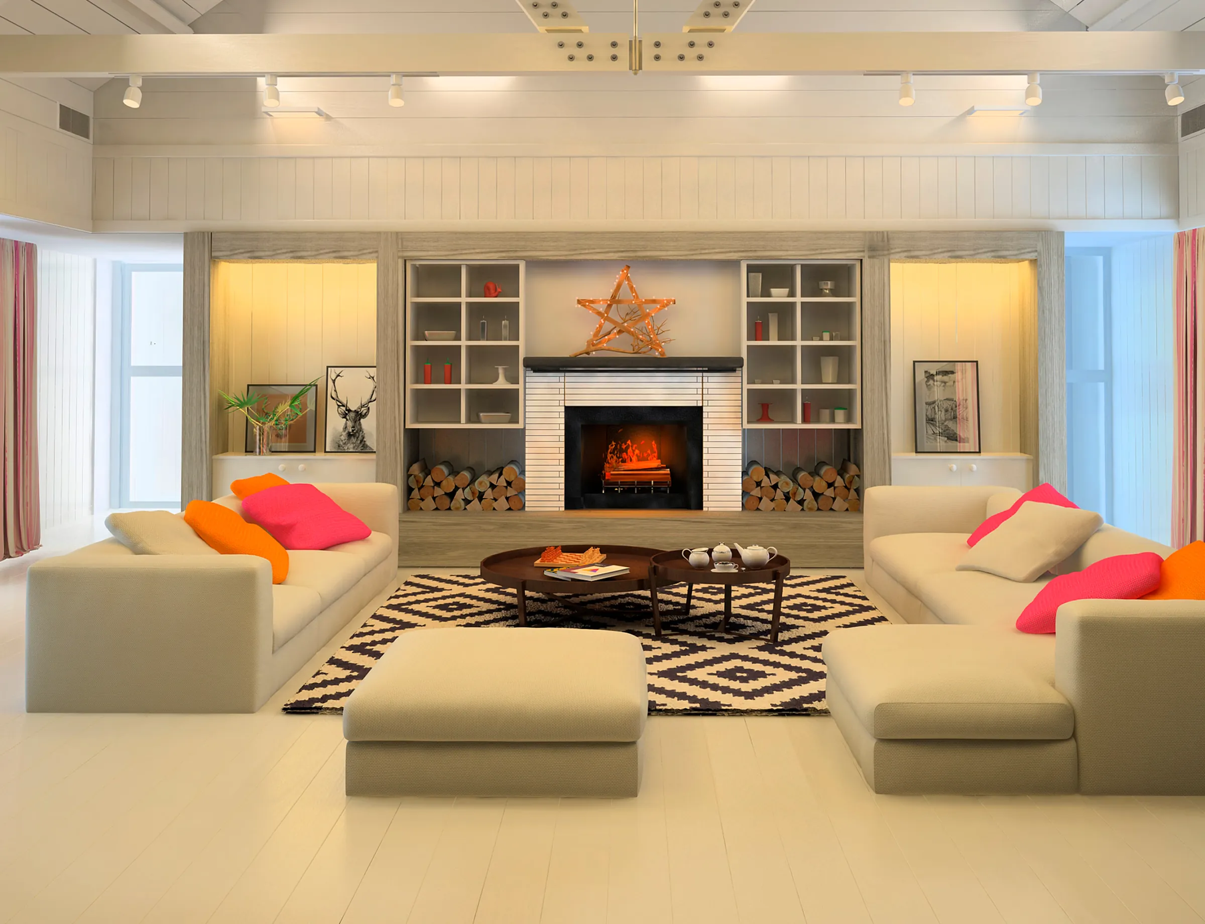 Bright living room with a fireplace, built-in shelves and freshly painted walls