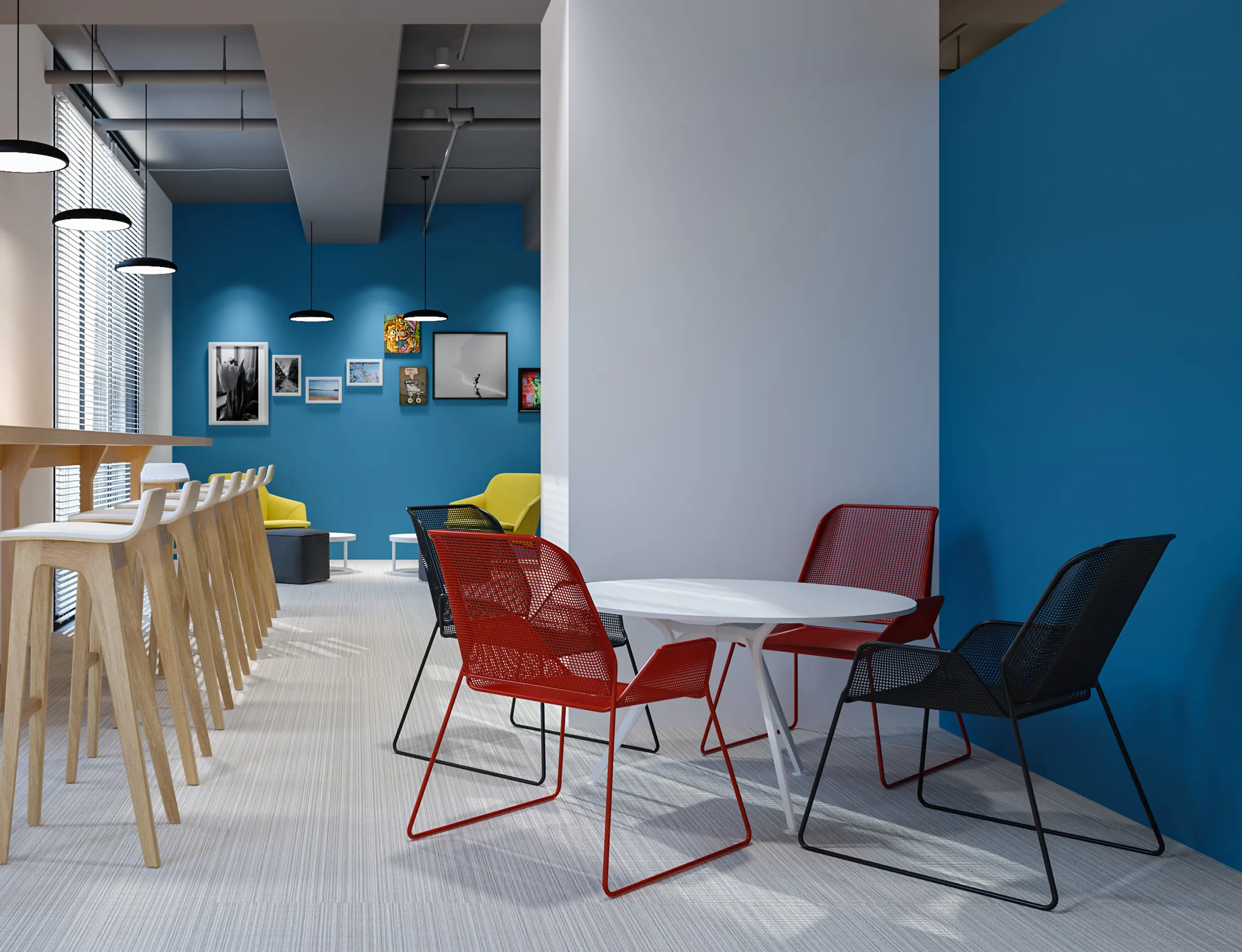 Before: office lounge with grey walls and one blue wall