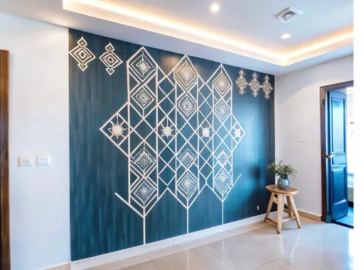 Living room with a deep teal feature wall and a white line pattern